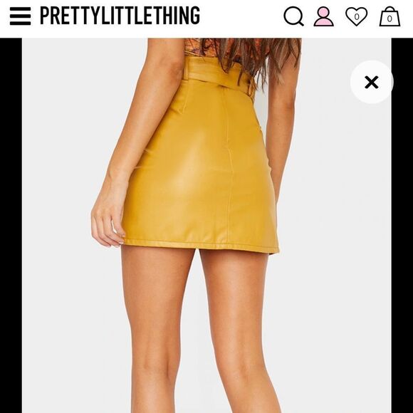 NWT🔥 Mustard Faux Leather Belted Mini Skirt - Pretty Little Thing - Picture 3 of 5